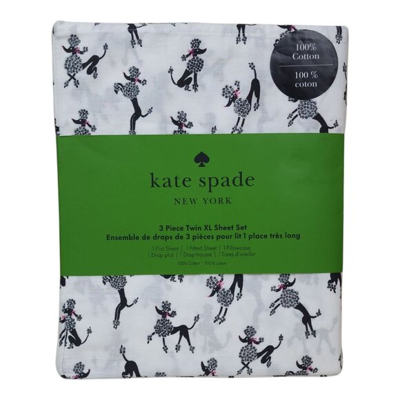 Kate Spade New York 3 Piece Twin XL Sheet Set Dancing Poodles Cotton Black White - Picture 9 of 9